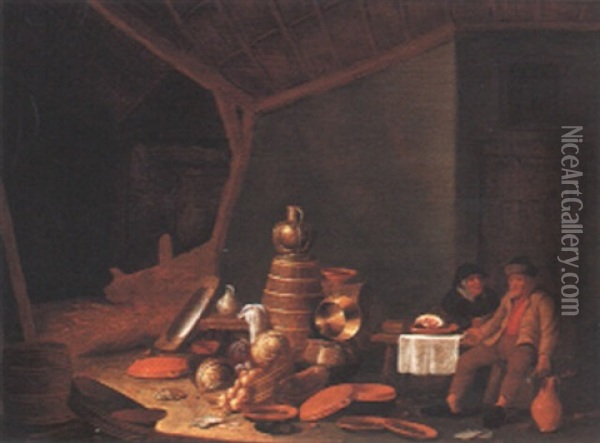 Peasants In A Barn Interior Oil Painting - Cornelis Saftleven