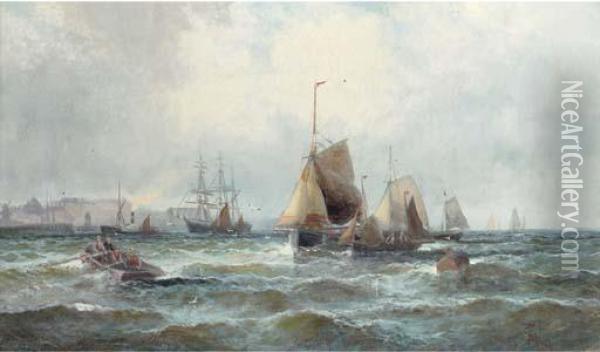 Shipping In The Channel Off The 
South Coast (illustrated); Andcrowded Waters Off The Harbour Mouth Oil Painting - William A. Thornley Or Thornber