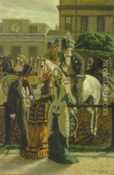 Zwei Damen Und Ein Herr Im Gesprach Mit Einem Reiter Auf Belebter Strase Oil Painting - William A. Breakspeare