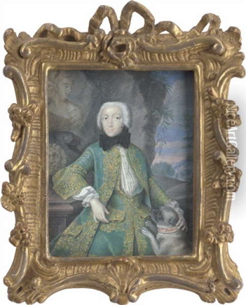 Anna Sophia Christina, Grafin Von Erbach (1708 - 1759), In Grunem Jagdkostum, Mit Mops Oil Painting - Johann Ziegler