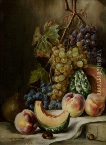 Natura Morta Con Uva, Zucca, Pesche E Castagne Su Di Un Piano Oil Painting - Giuseppe Falchetti