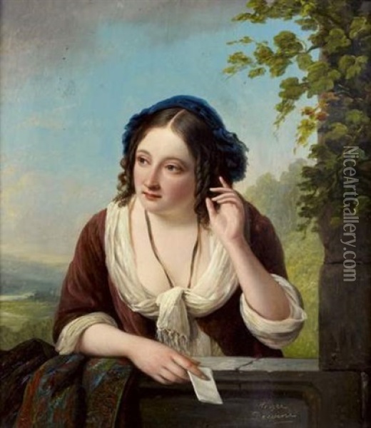 Jeune Femme Tenant Une Lettre Devant Une Balustrade Oil Painting - Jean Henri de Coene