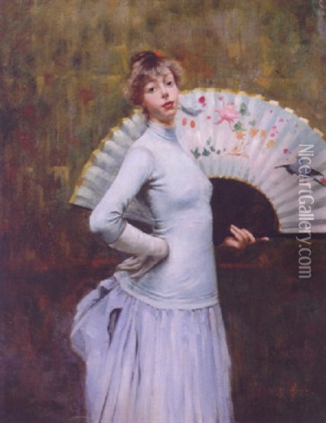 A Elegant Beauty With A Fan Oil Painting - Eugene Chaffanel