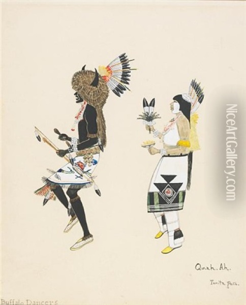 Buffalo Dancers (+ Pueblo Dancer, Smllr; 2 Works) Oil Painting - Tonita Pena