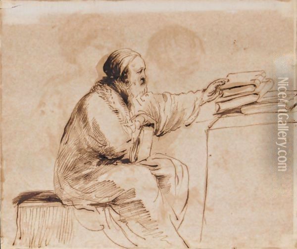 A Seated Man, Placing Books On A Table Oil Painting - Giovanni Francesco Barbieri