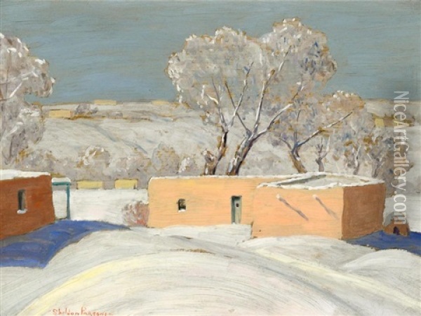 Adobes In Snow Oil Painting - Sheldon Parsons