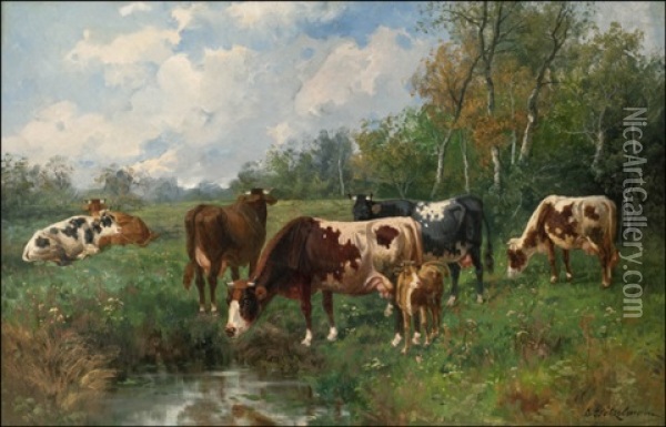 Laiduntavia Lehmia (cows In A Field) Oil Painting - Eduard Goetzelmann
