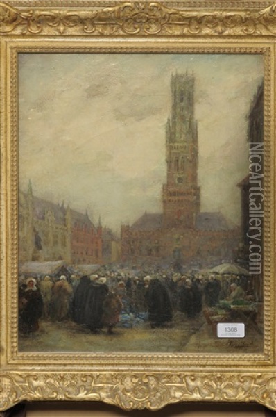 Belfry At Bruge, Market Day Oil Painting - Percy John Delf Smith