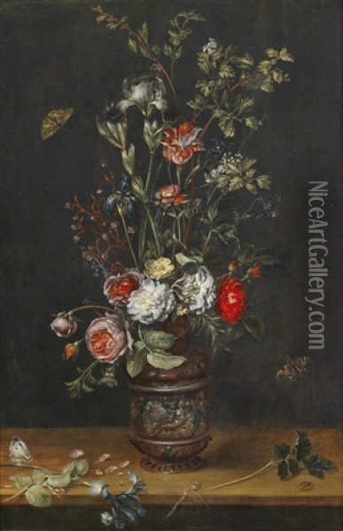 Blumenstraus Mit Rosen, Tulpen, Iris, Und Einer Mimose In Einer Ornamental Verzierten Tonvase Oil Painting - Alexander Adriaenssen the Elder