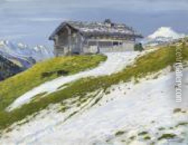 Vorfruhlingspartie Im Berner Oberland Mit Chalet Oil Painting - Waldemar Fink