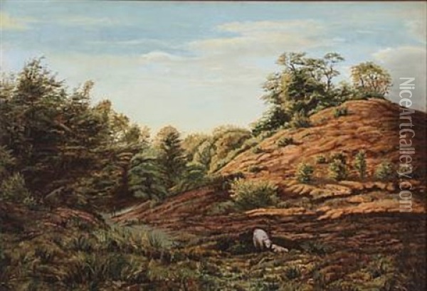 Hilly Landscape With A Sheep And A Lamb Oil Painting - Anton (Claus) Kolle