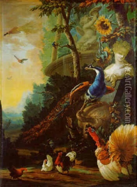 A Peacock On A Fallen Vase By A Marble Female Bust Beside A Stone Fountain And Poultry In A Mountainous Landscape Oil Painting - Abraham Bisschop