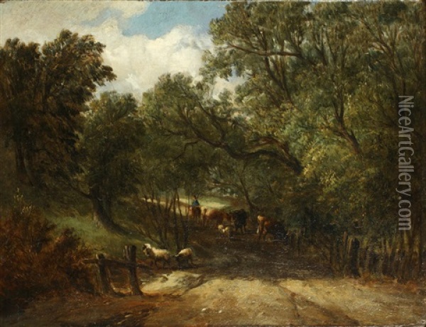 A Drover With Cattle And Sheep On A Lane, Isle Of Wight Oil Painting - Alfred Vickers
