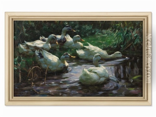 Six Ducks At The Pond Oil Painting - Alexander Max Koester