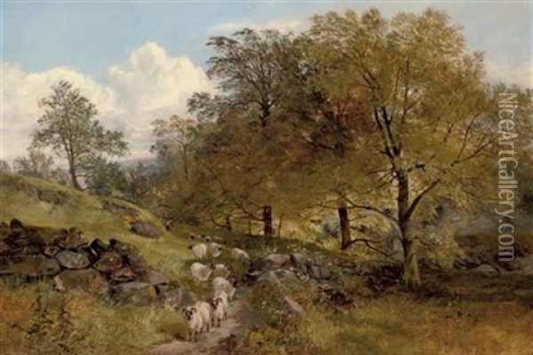 A Shepherd And His Flock On A Country Path (collab. W/joseph Denovan Adam) Oil Painting - Joseph Adam