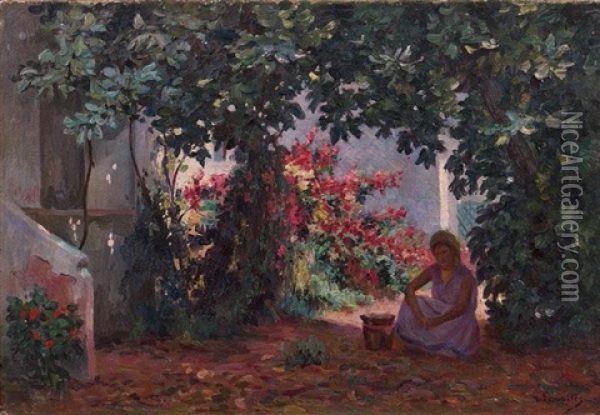 Dans Le Jardin, La Preparation Du Repas Oil Painting - Gustave Lemaitre