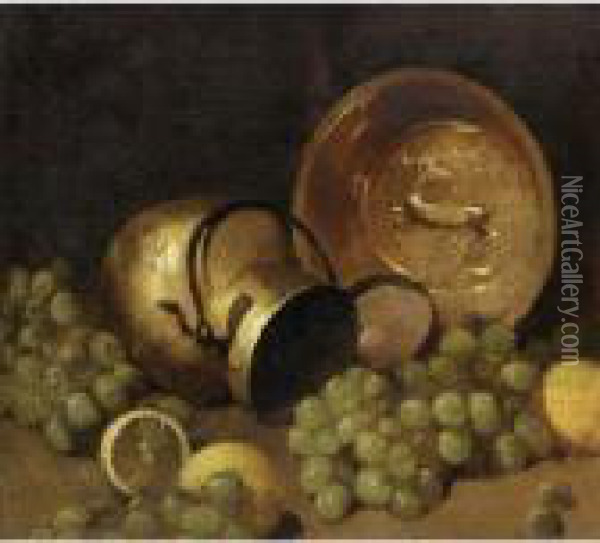 Copper Pots, Lemons And Grapes Oil Painting - Emil Carlsen