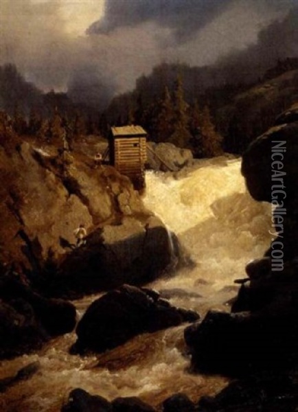 Norsk Landskap Med Foss Oil Painting - Hans Frederick Gude