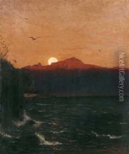 Lever Du Soleil Devant Le Grammont (sunrise In Front Of Le Grammont) Oil Painting - Francois-Louis-David Bocion