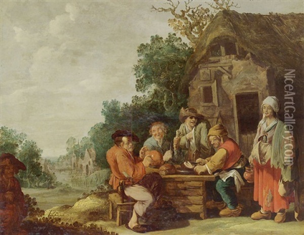 Peasants Eating And Drinking In Front Of An Inn, With A Maid Serving, A Village Beyond Oil Painting - Andries Dirsksz Both