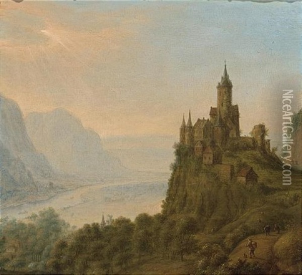 An Extensive Mountainous Landscape With A Castle On A Hill Top Oil Painting - Jan Griffier the Elder