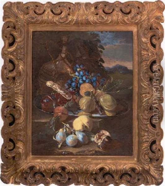 Figs, Grapes, Peaches, And Pears On A Pewter Plate, With A Glass Of Wine And A Biscuit, A Bottle Of Wine Behind Oil Painting - Giovanni Paolo Castelli (lo Spadino)