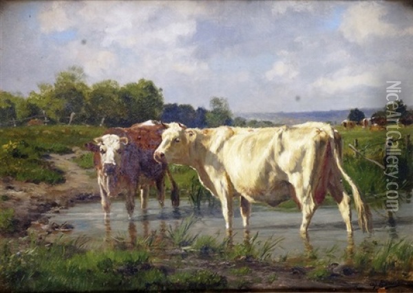 Vaches S'abreuvant Oil Painting - Adolphe Charles Marais