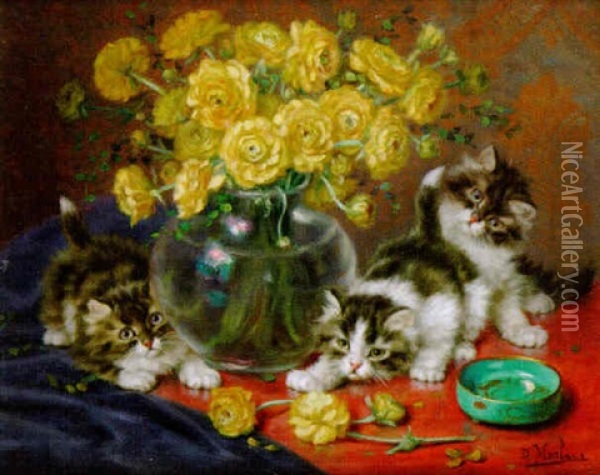 Autour Du Vase (ranunculus Et Chats) Oil Painting - Daniel Merlin