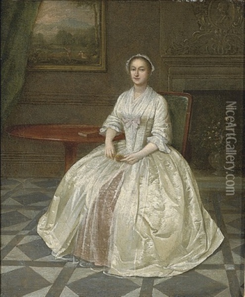 Portrait Of A Lady In A White Dress With Pink Underskirt, Seated Beside A Mahogany Tripod Table Oil Painting - Arthur Devis
