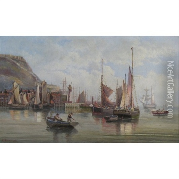 Busy Harbour Scene With Boats And Figures Oil Painting - Louise Pickard