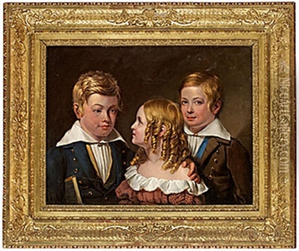 Syskonen Carl, Emil Och Jenny Roth Oil Painting - Johan Gustav Sandberg