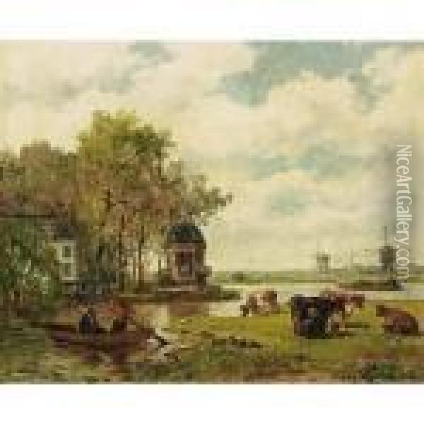 A Summer Landscape With A Tea House On The River Vecht Oil Painting - Willem Roelofs