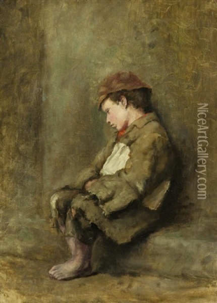 The Little Newspaper Boy Oil Painting - Richard Thomas Moynan