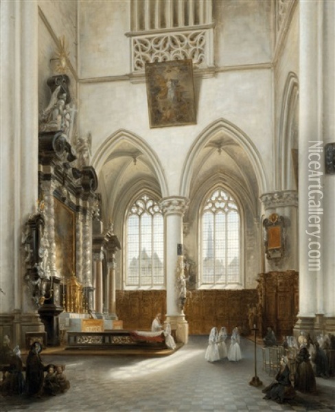 Interior Of The St. Jacob Church Antwerp With Communicants Oil Painting - Jules Victor Genisson