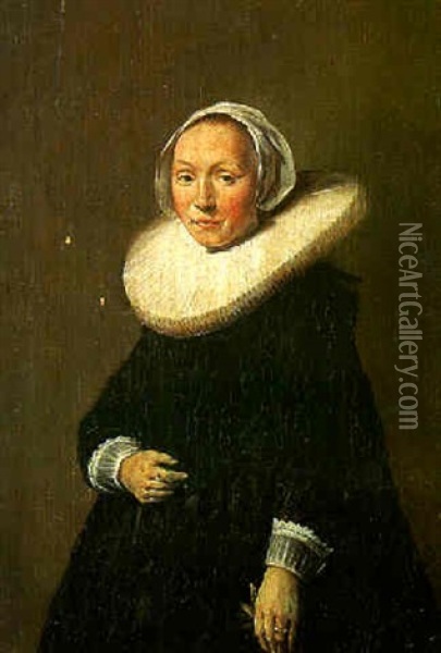 Portrait Of A Woman Wearing A Black Dress With Lace Cuffs, Holding Gloves Oil Painting - Frans Franszoon Hals the Younger