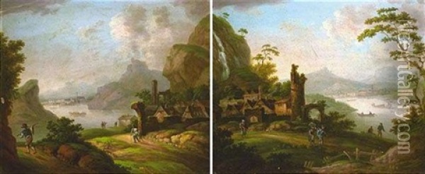 Pittoreske Fluslandschaft Mit Ruinen (+ Dorf Und Figurenstaffage; Pair) Oil Painting - Franz Hochecker