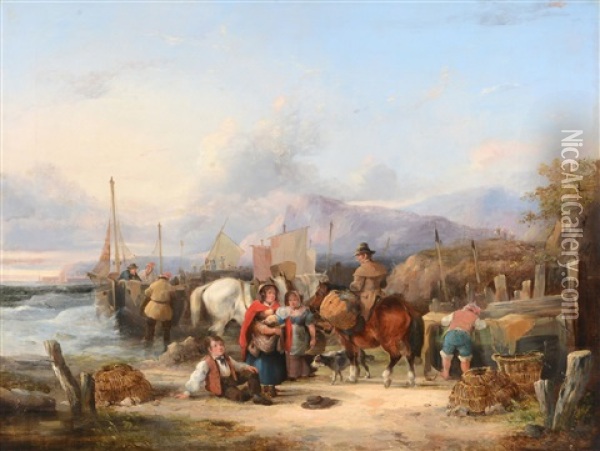 Bringing In The Day's Catch; Fisher-folk On The Coast (pair) Oil Painting - William Joseph Shayer