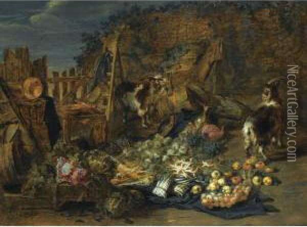 A Still Life Of Cabbages, Carrots, Asparagus, Onions, Pears And Apples Outside A Ruined Barn, Together With Two Goats And Three Rabbits Oil Painting - Jan van Kessel