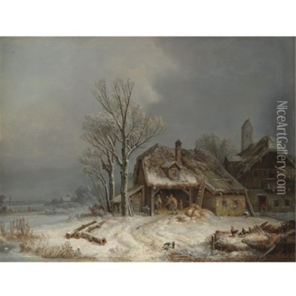 Winterliches Dorf (village In Winter) Oil Painting - Heinrich Buerkel