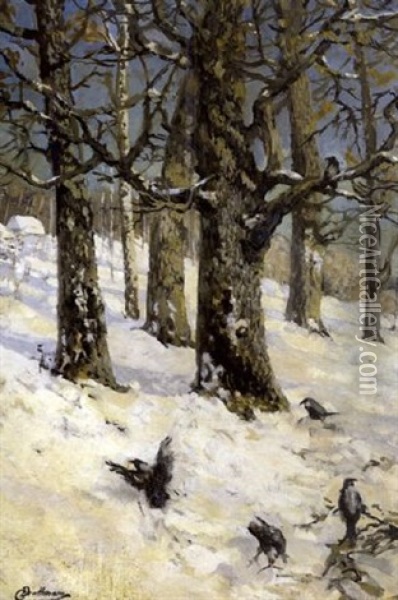 Birds On The Snow Oil Painting - Christoffer Johann Drathmann