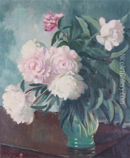 Still Life Of Peonies In A Green Vase Oil Painting - James Sinton Sleator