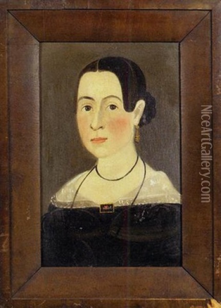 Portrait Of Young Woman With Braided Hair In Black Dress With Lace Collar And Mourning Brooch Oil Painting - William Matthew Prior