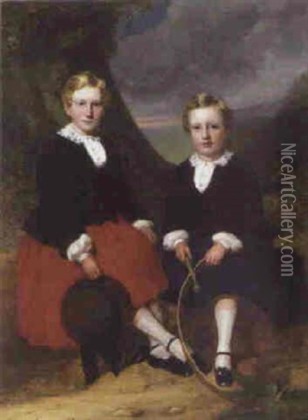 Portrait Of Two Girls, Full-length, Seated In A Landscape Oil Painting - Margaret Sarah Carpenter