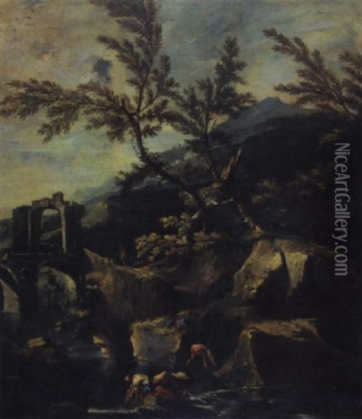 Paesaggio Fluviale Appeninico Con Ponte Diroccato E Bagnanti Ed Astanti In Lontanaza Oil Painting - Marco Ricci