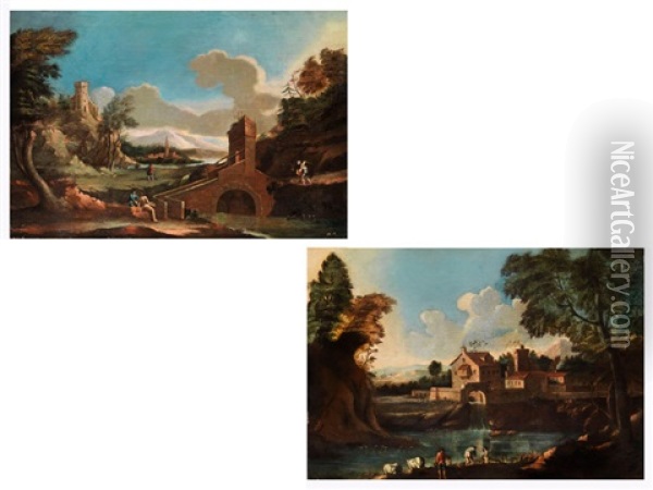 Landschaft Mit Bogenbrucke, Erhoht Stehender Burg Und Figurenstaffage (+ Another; Pair) Oil Painting - Marco Ricci