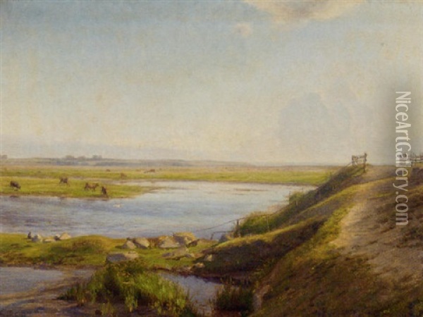 Cattle Grazing By A River Estuary Oil Painting - Emma Meyer