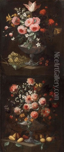 Pareja De Floreros Y Frutas Oil Painting - Jacobus van der Hagen