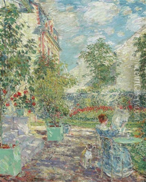In A French Garden Oil Painting - Childe Hassam