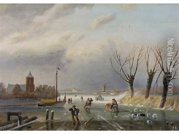 Untitled - Winter Scene-people Skating Oil Painting - Jan Kwinkelenberg