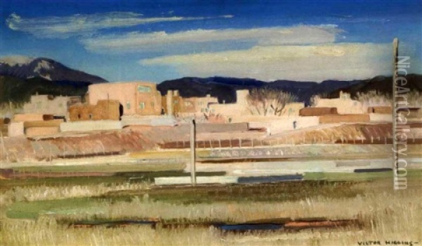 Valley Town: View Of Pueblo Town Oil Painting - Victor William Higgins